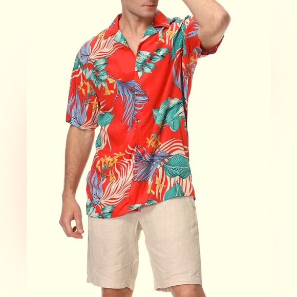 Alex Vando Premium Aloha Beach Hawaiian Button Down Shirt Orange Leaf Medium - Picture 1 of 10